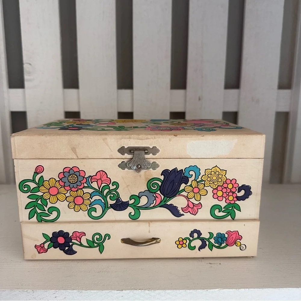 Vintage Japanese Ballerina Music Box Jewelry Box Floral Wood Spinning Dancer